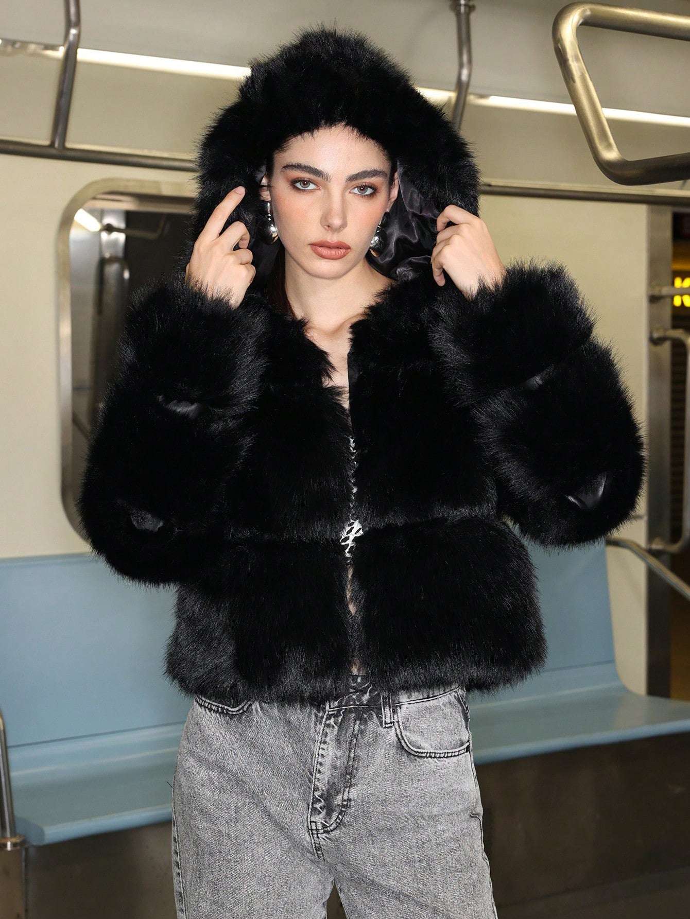 Black Faux Fur Short Hood Jacket