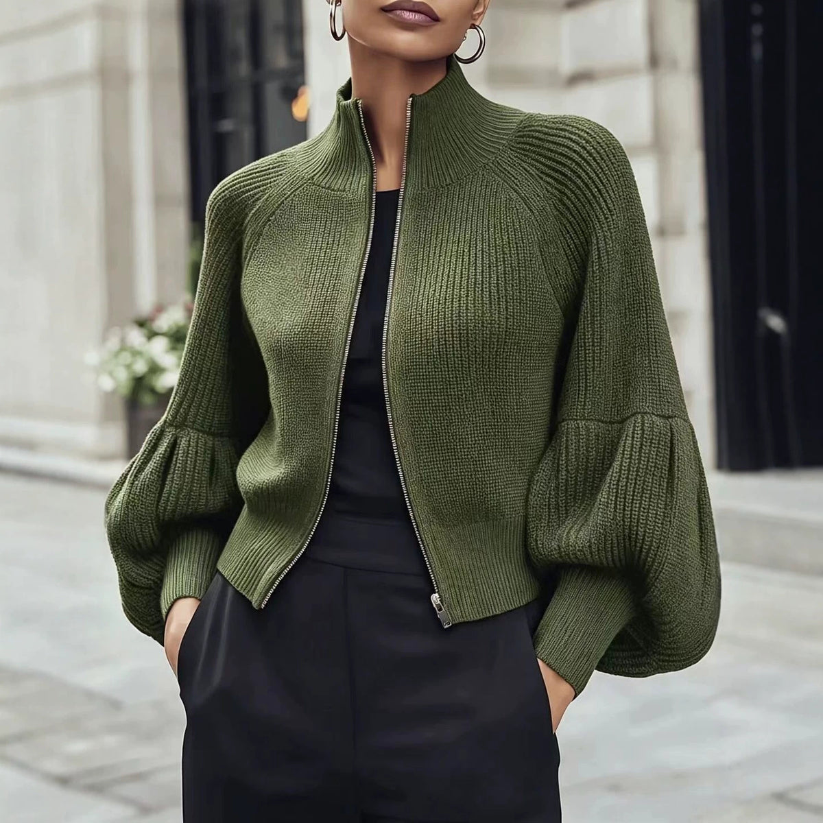 Army green textured knit zip-front sweater with lantern sleeves and ribbed turtleneck collar