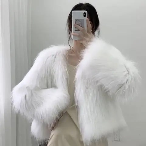 Women's Slim-Fit Fox-Like Fur Coat | Slimming Whole Leather Jacket