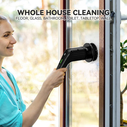 Electric cleaning brush with black body and rotating round brush head for window cleaning