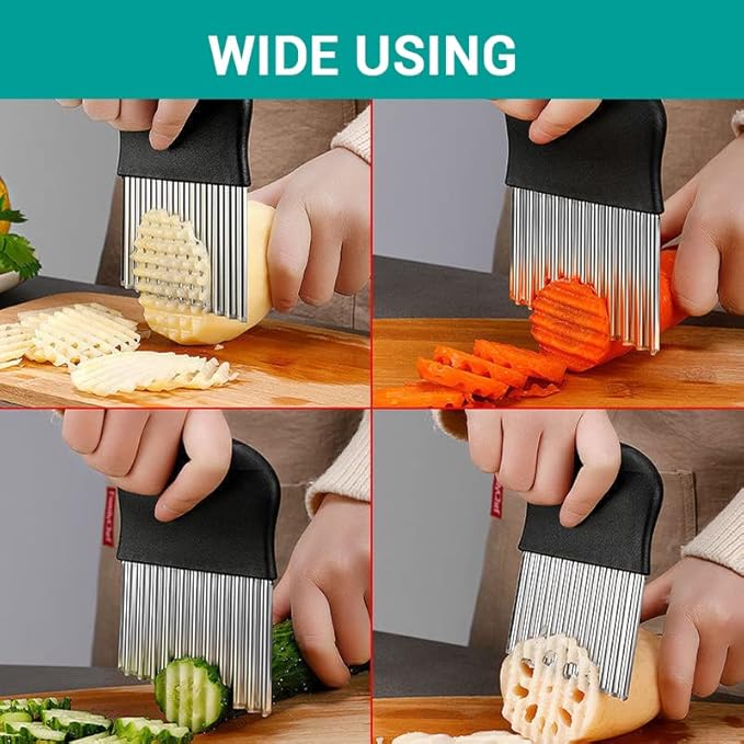 Crinkle cutter slicer tool shows wide cutting, slicing vegetables into ridged shapes