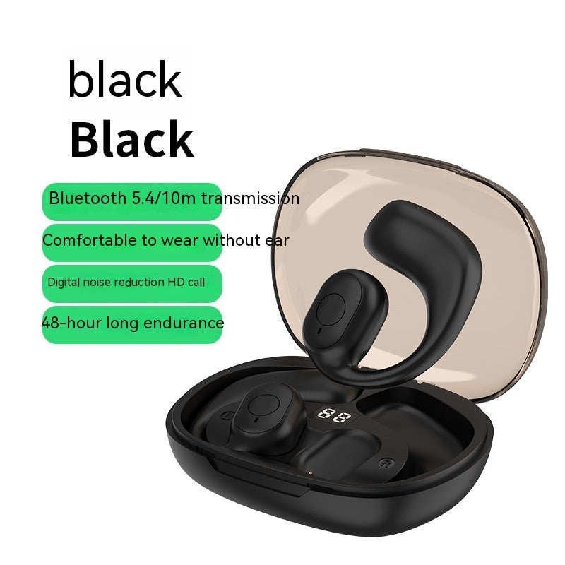 Black bone conduction headset with earbuds in open charging case, digital display