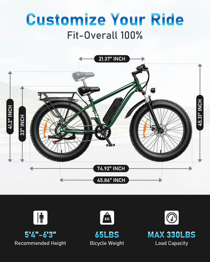 Green electric fat tire bike on sizing diagram with seat, handlebars, and cargo rack