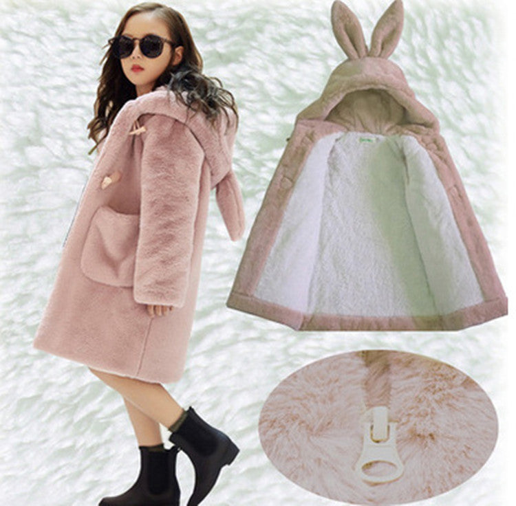 Pink faux fur coat with bunny-ears hood and pale inner lining