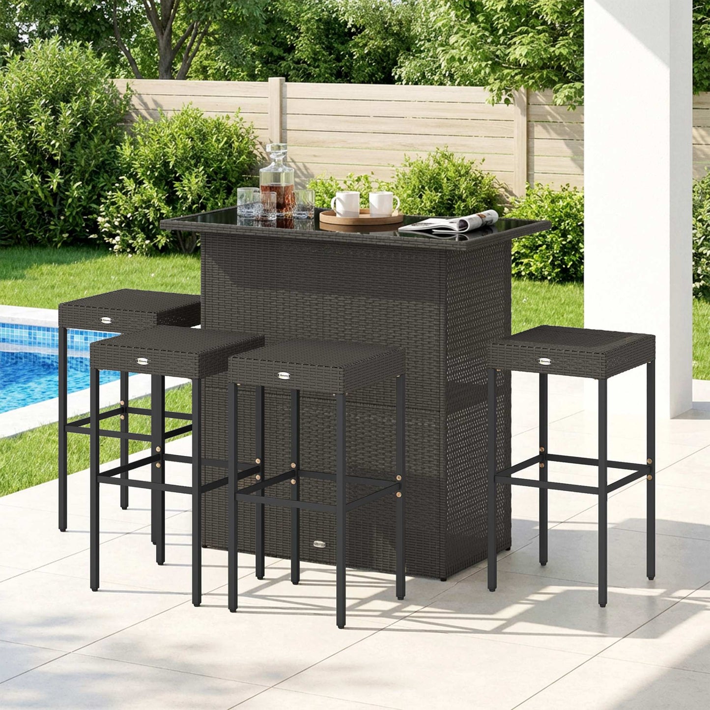 5-Piece Rattan Wicker Bar Set | High Top Outdoor Table & 4 Stools