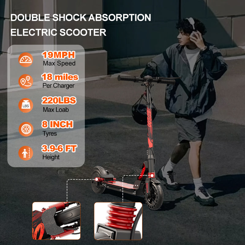 Double shock electric scooter with front and rear suspension, red and black frame
