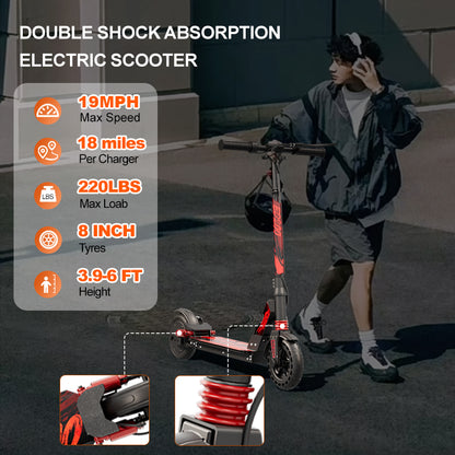 Double shock electric scooter with front and rear suspension, red and black frame