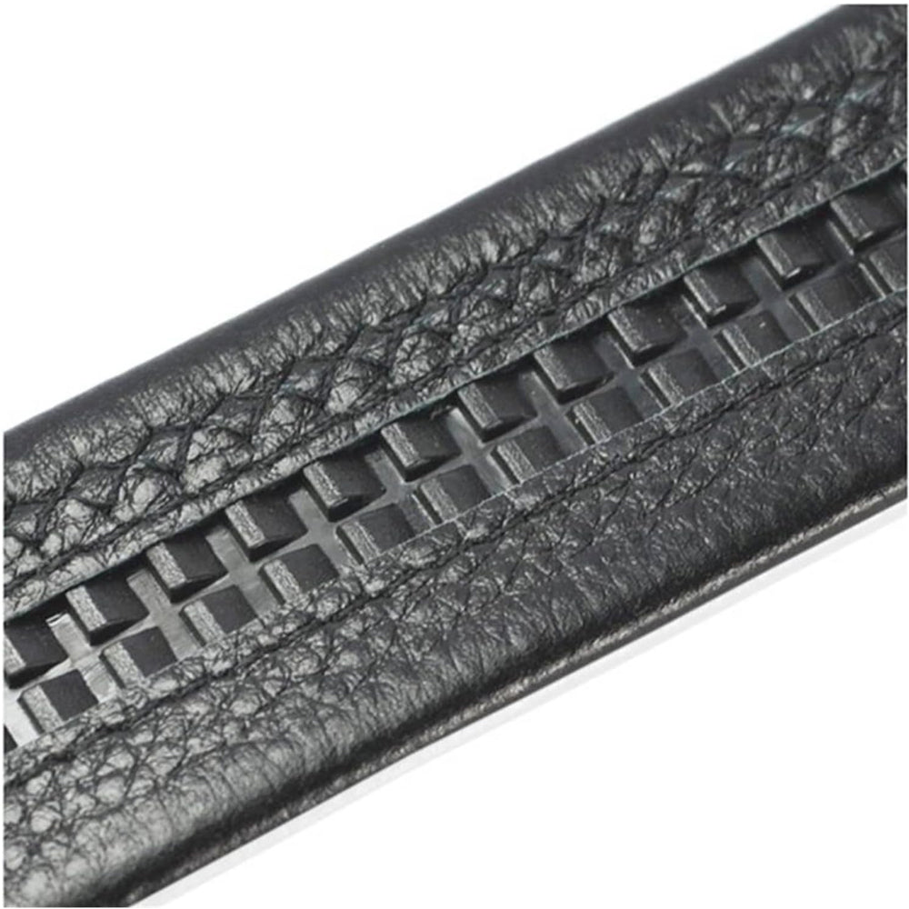 Men’s business casual automatic belt showing black woven-texture leather strap detail