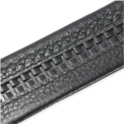 Men’s business casual automatic belt showing black woven-texture leather strap detail