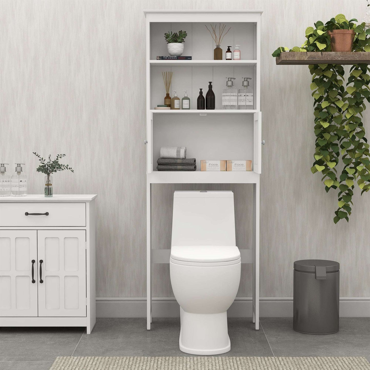 White over-the-toilet storage rack with open shelves and cabinet doors