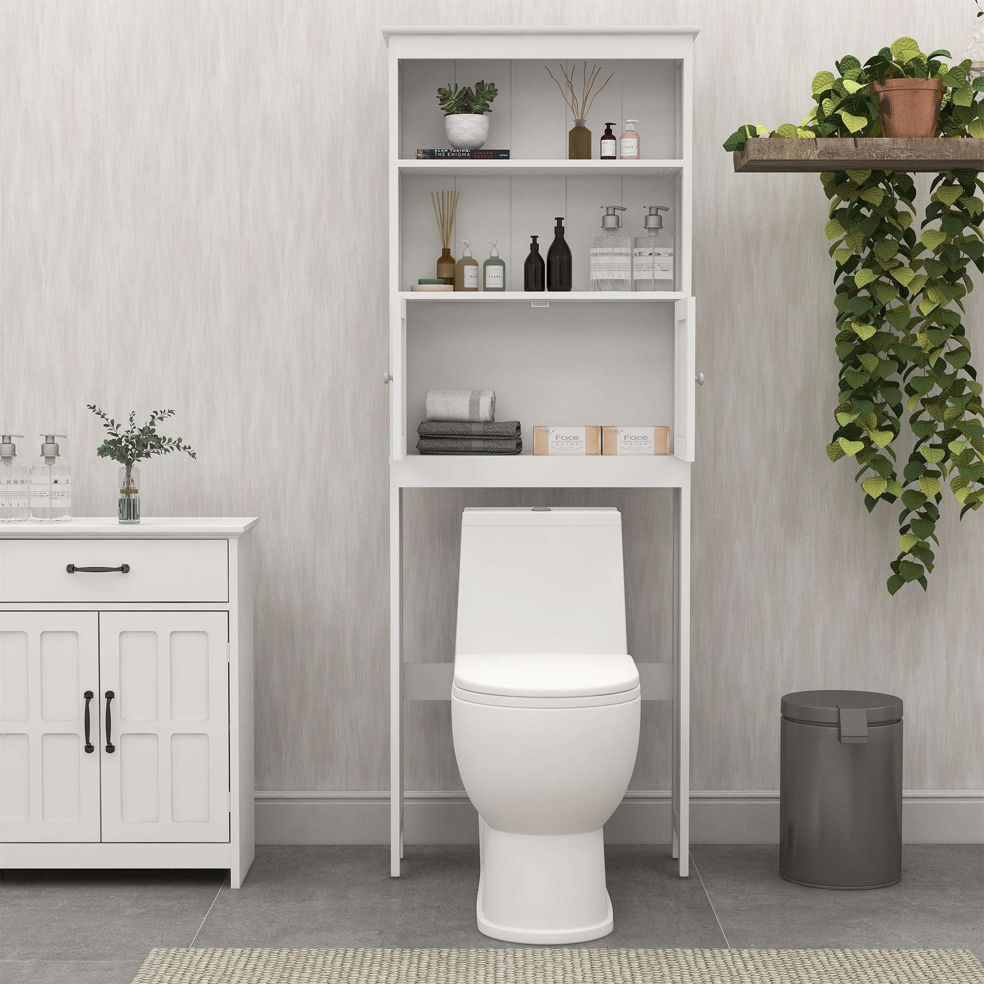 White over-the-toilet storage rack with open shelves and cabinet doors
