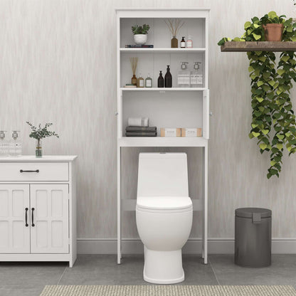 White over-the-toilet storage rack with open shelves and cabinet doors