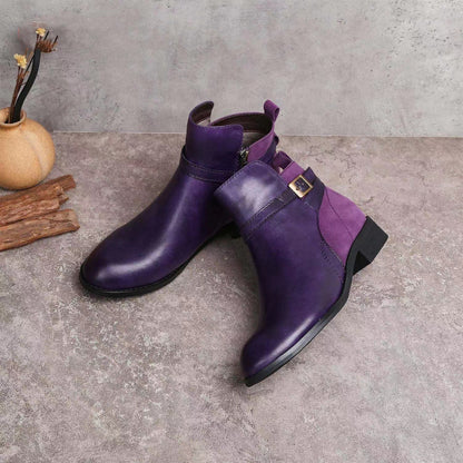 Patchwork Color Round Head PU Middle Cylinder Retro Stitching Side Zip Button Rider Boots