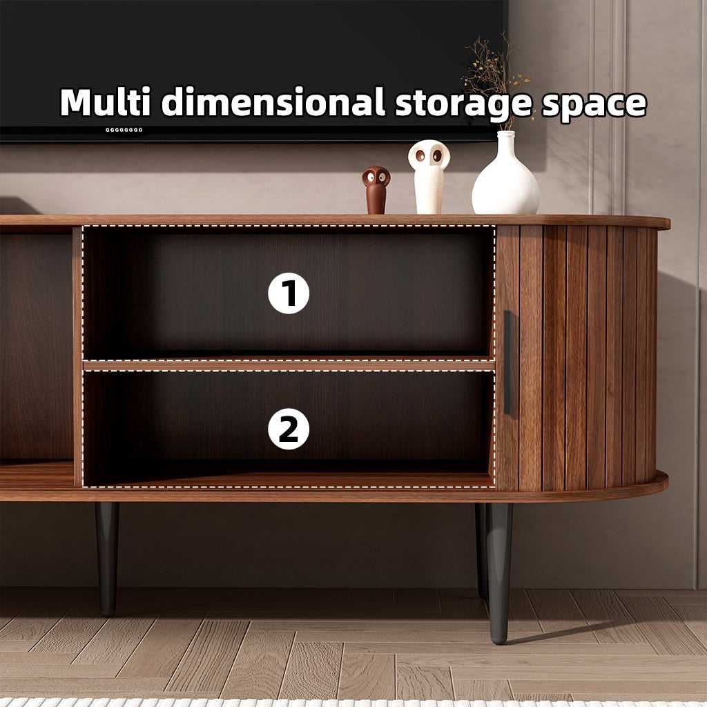 Walnut TV stand cabinet with open storage compartments and sliding door panel
