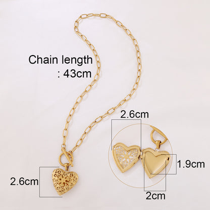 Stainless Steel Open Hollow Pattern Heart-shaped Photo Frame Photo Box Necklace