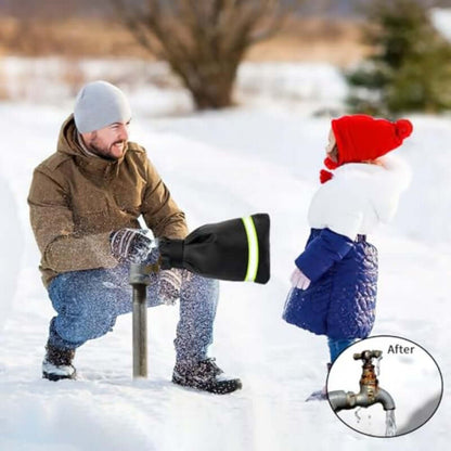 Black faucet cover with neon green reflective strip on an outdoor spigot in winter