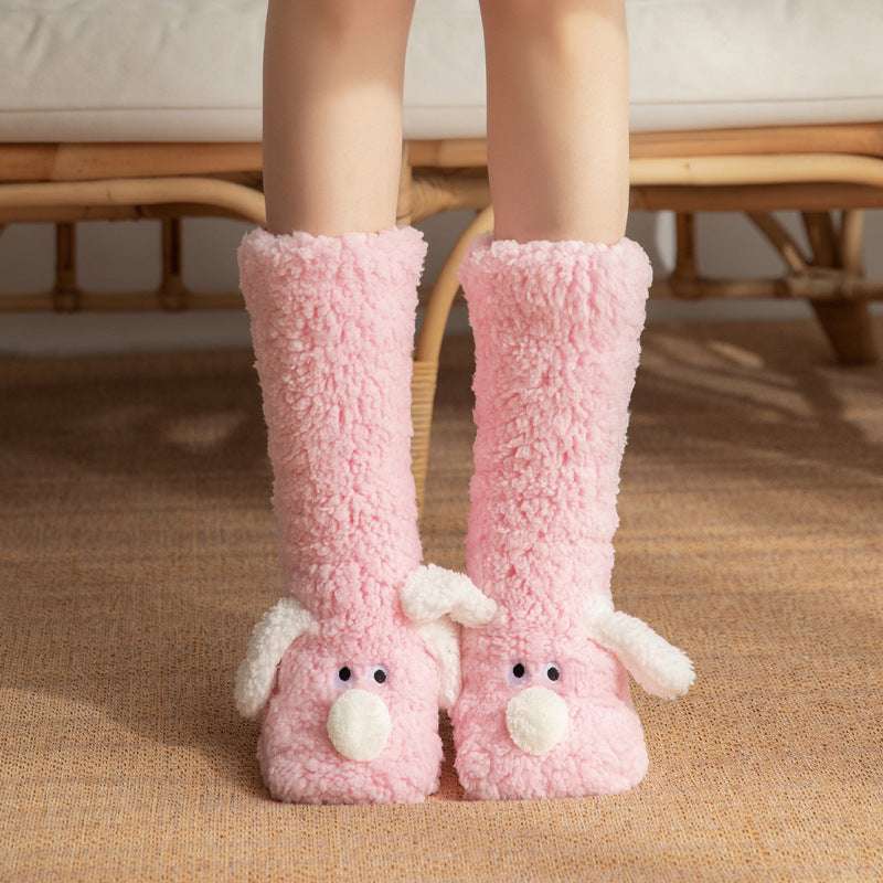 Pink plush floor socks with bunny faces and white paw accents, cozy winter warm style