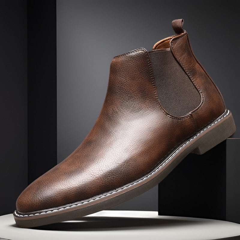 Men's brown leather Chelsea boot with elastic side gore and pull tab, chunky sole
