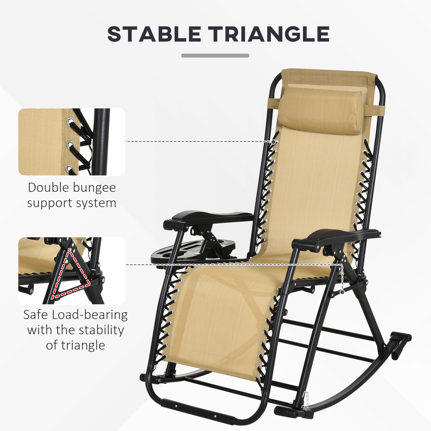 Foldable Zero Gravity Rocking Chair with Cup Holder & Pillow - Beige