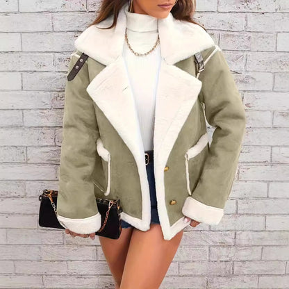 Women's Plush Polo Collar Jacket - Warm Casual Winter Fleece Coat Fashion Polo Collar Plush Jacket Winter | Ectron Online