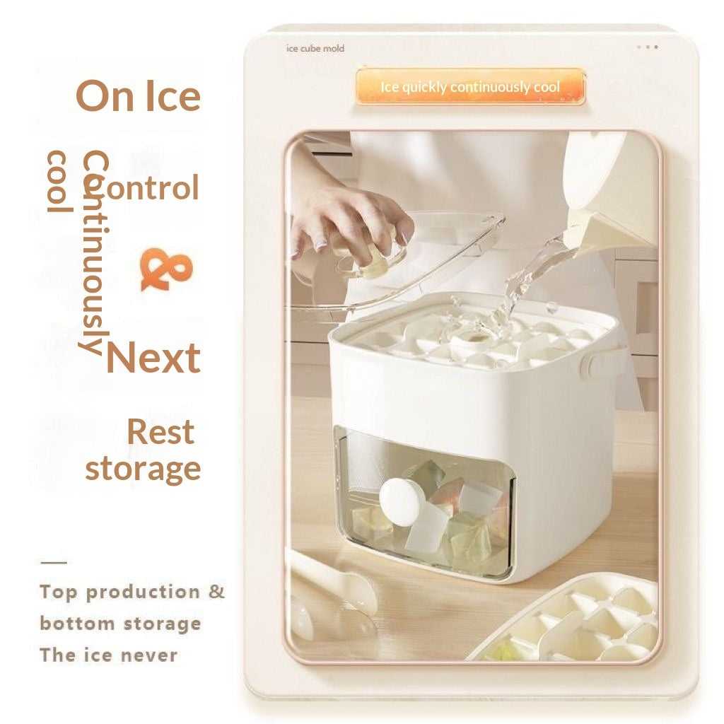 Ice cube mold and storage tray kit shown in retail packaging with two-level bin