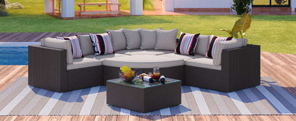 Brown wicker patio sectional sofa set with corner seat, gray cushions, and striped pillows