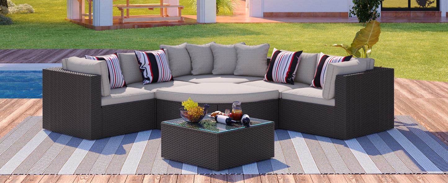 7-Piece Outdoor Wicker Sofa Set - Brown Rattan Patio Conversation Set