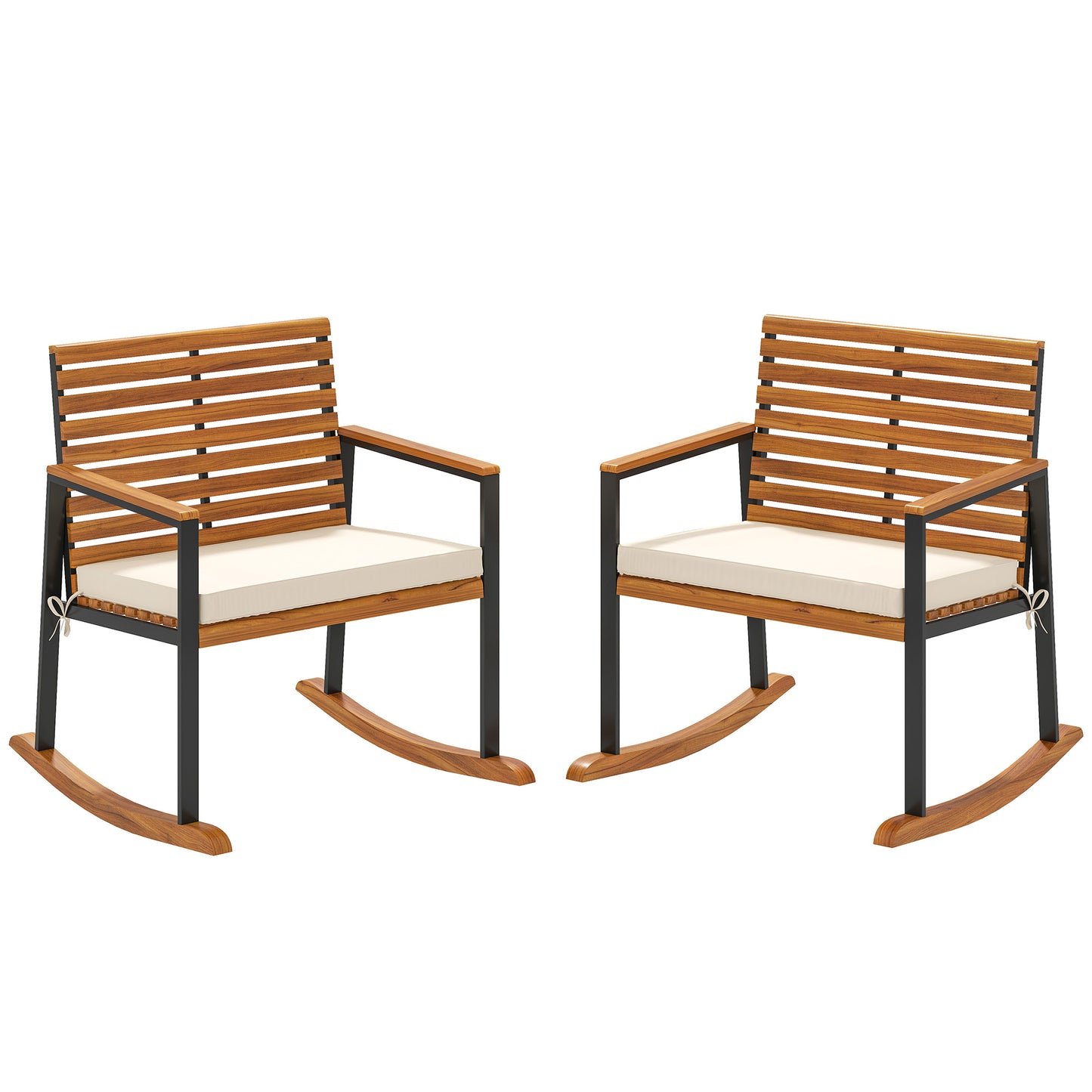Set of two outdoor rocking chairs with acacia wood slatted backs and cream cushions