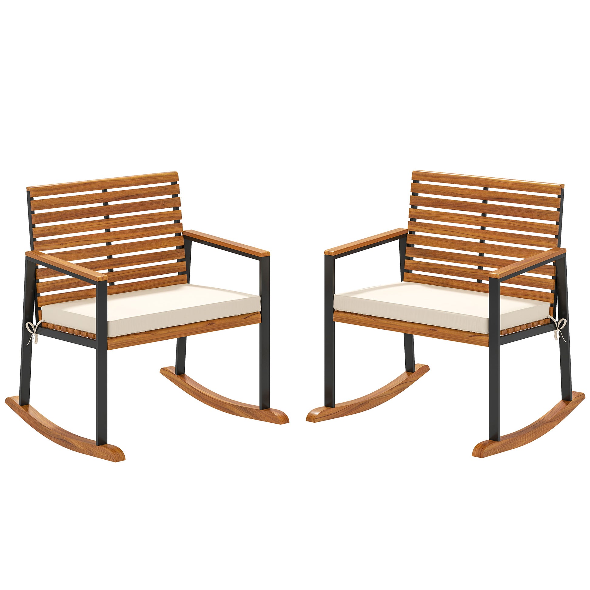 Set of two outdoor rocking chairs with acacia wood slatted backs and cream cushions
