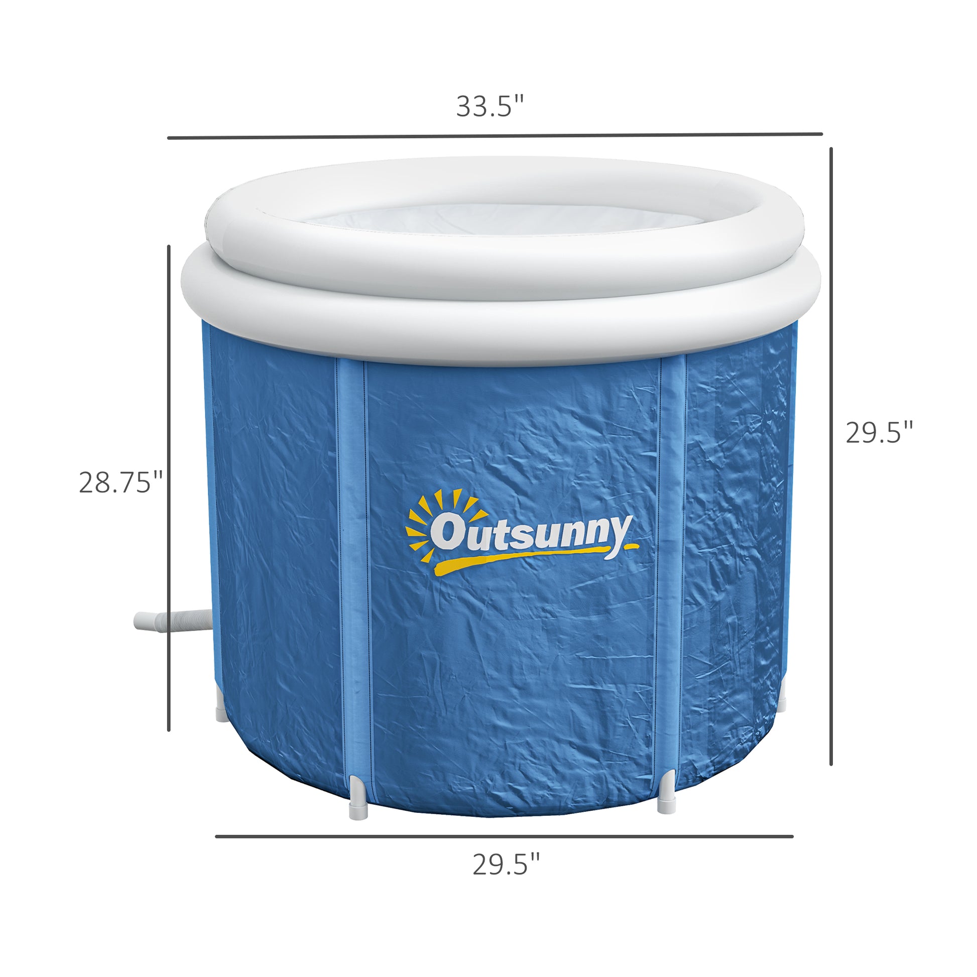 Blue cold plunge tub with white round rim and side seams, shown front view