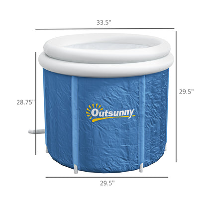 Blue cold plunge tub with white round rim and side seams, shown front view