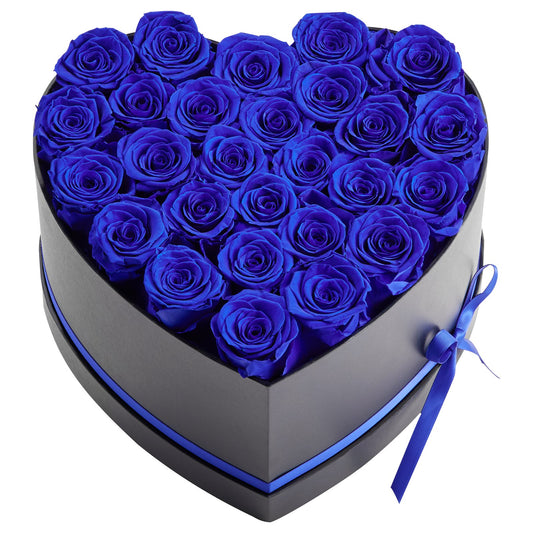 27 Real Preserved Roses in Heart-Shaped Box - Eternal Royal Blue Flower Bouquet