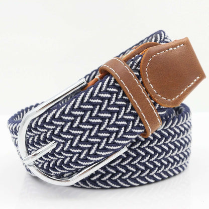 Simple Stretch And Breathable Canvas Woven Belt showcasing a navy striped design with a brown leather accent.