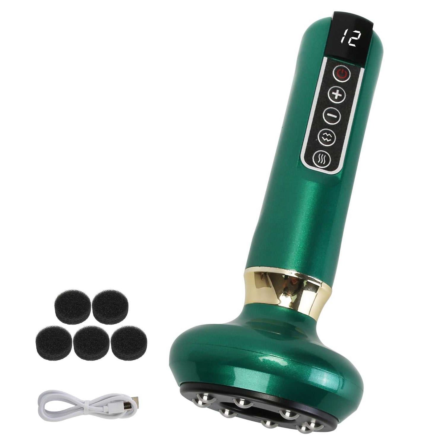 Green handheld 3-in-1 vacuum massager with suction head and control buttons