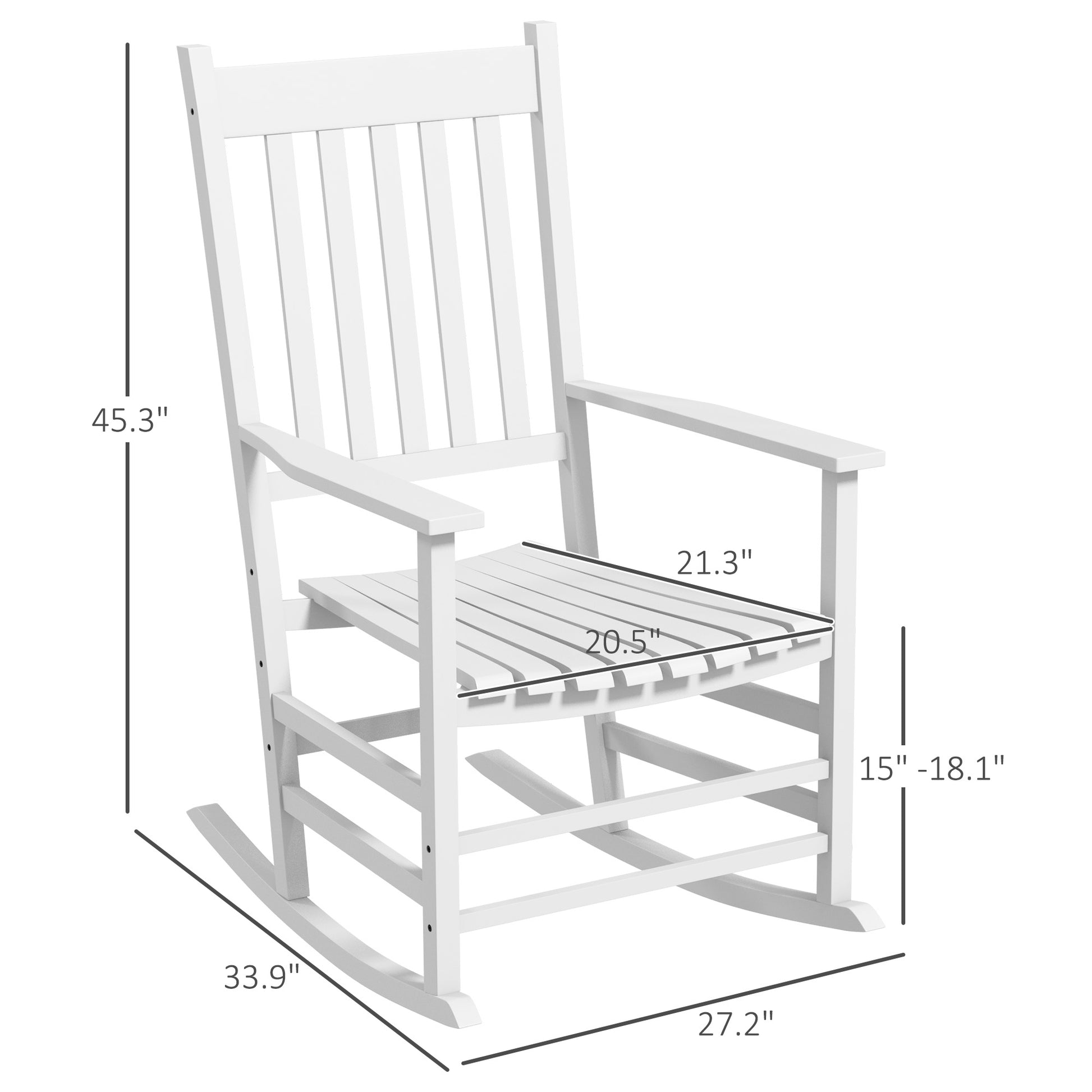 White wooden high-back rocking chair with slatted seat and back, with measurements