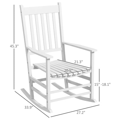 White wooden high-back rocking chair with slatted seat and back, with measurements