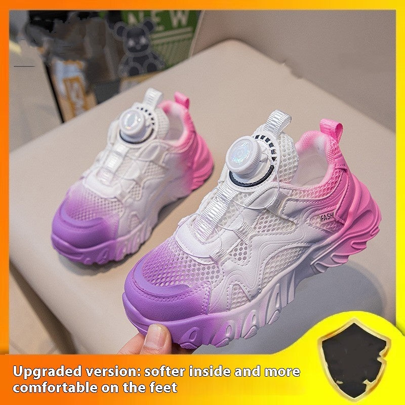 Kids rotating button mesh sneakers in white with pink and purple accents
