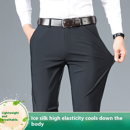 Navy men's casual pants with belt, smooth front and tapered fit