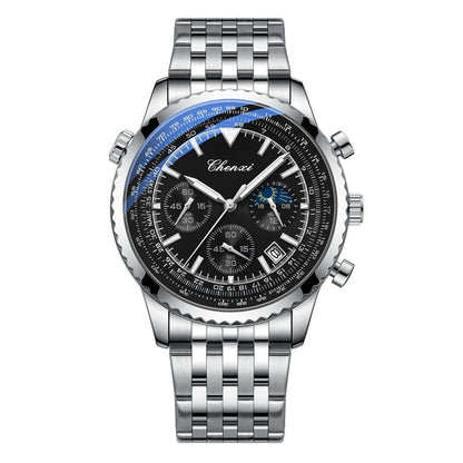 Men's chronograph watch with black dial, blue accents, and silver metal bracelet