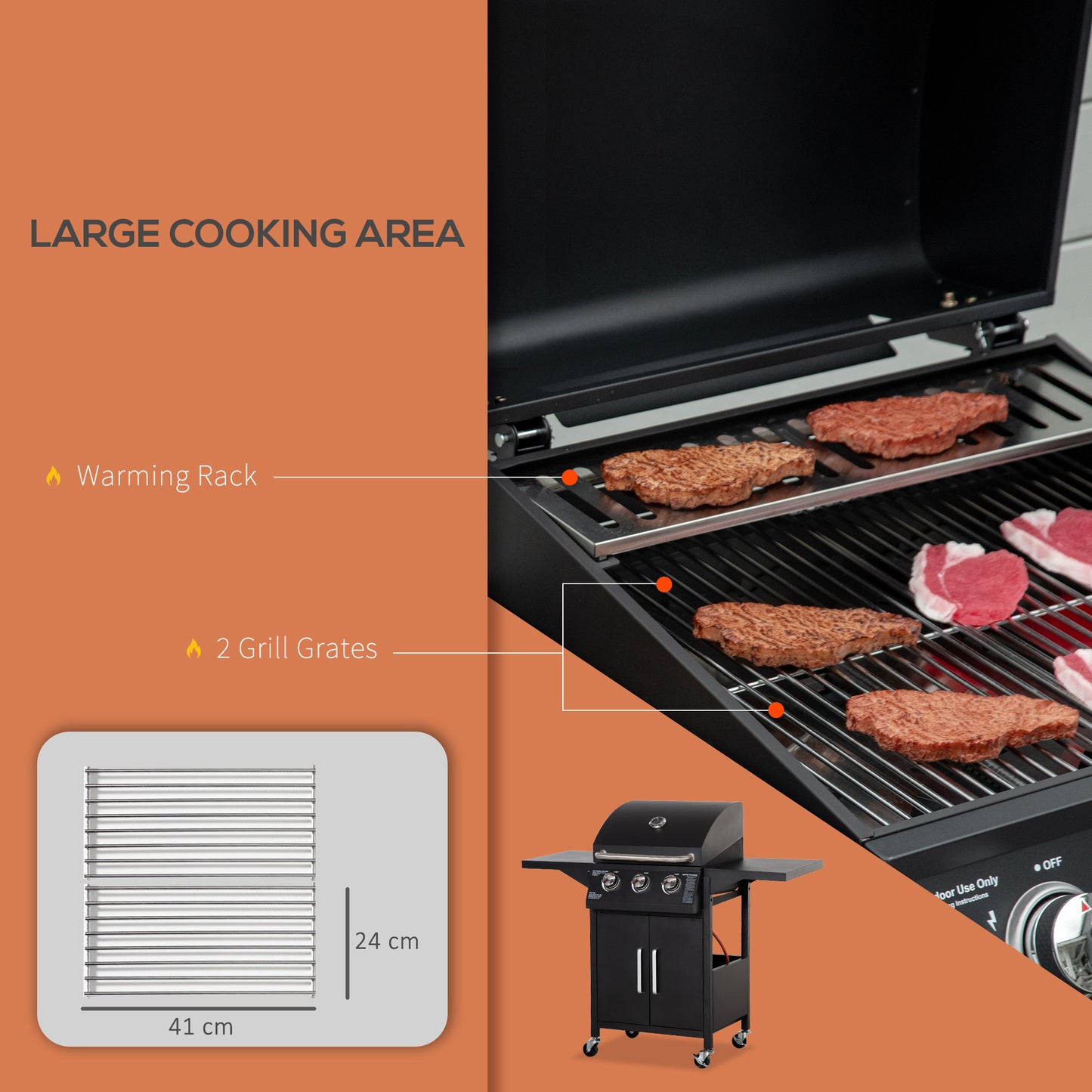Black gas grill grates with warming rack above the main cooking area