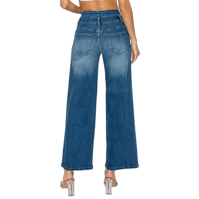 Women’s medium-blue denim jeans with front button closure and wide straight legs