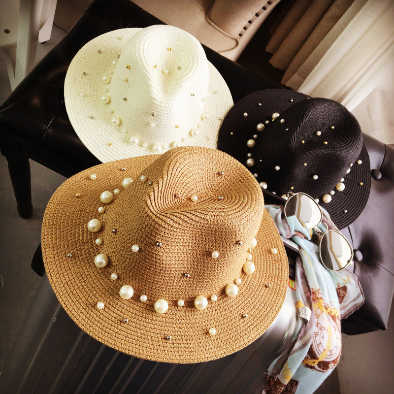 Outdoor Beach Flat Brim Straw Pearl Beaded Hat