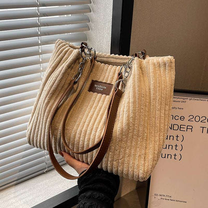 Casual Corduroy Shopper Tote with Zipper Retro Large Capacity Shoulder Bag Casual | Ectron Online
