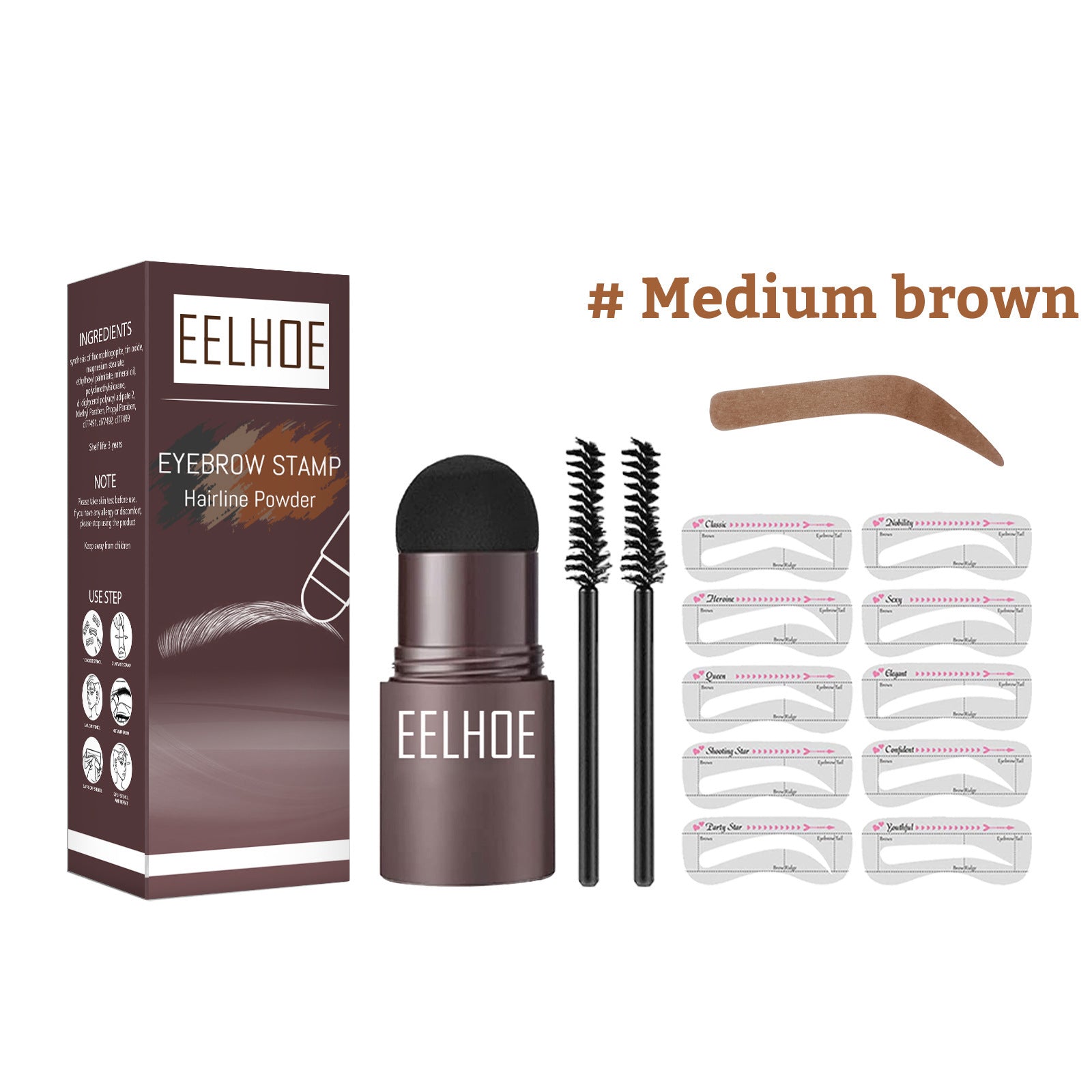 Medium brown eyebrow powder stencil set with stamp, two wands, and stencil cards