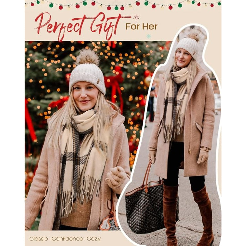 Womens plaid scarf wrap with fringe tassels in cream and dark gray