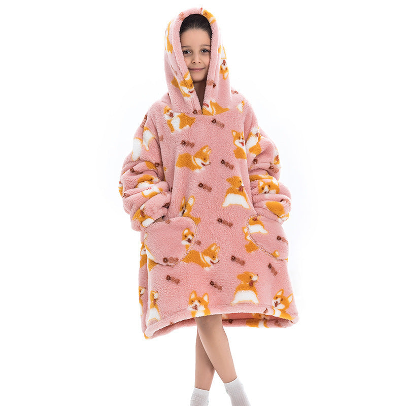 Kids' oversized thermal sweatshirt, pink with cute animal print, hooded