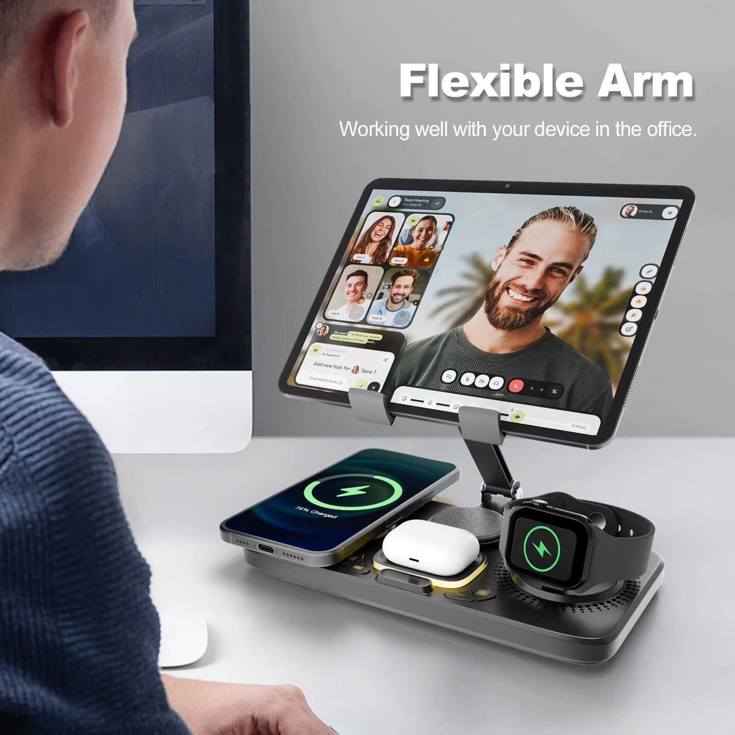 Black 6-in-1 wireless charger station with tablet stand and multiple device charging pads