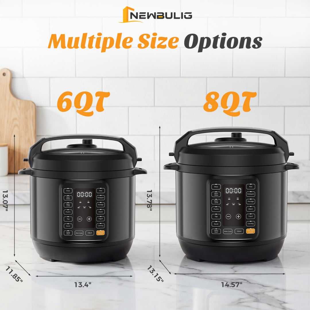 Black electric pressure cooker, 6QT and 8QT, side-by-side with handles and buttons