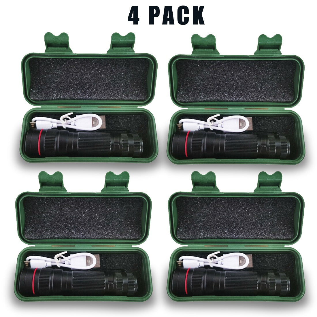4-pack tactical LED flashlight set with black torch heads and green storage cases