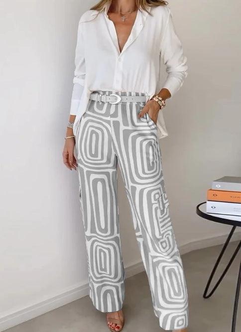 Women's Casual Long-sleeved Lapel Shirt Printed Wide-leg Pants Suit Women's Casual Long-sleeved Lapel Shirt | Ectron Online